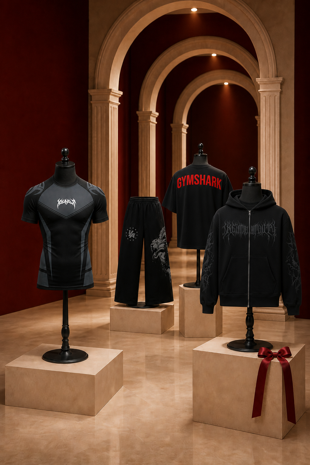 Sudadera, playera de compresión, oversize y jogger presentados en maniquíes para la promoción 3 más 1