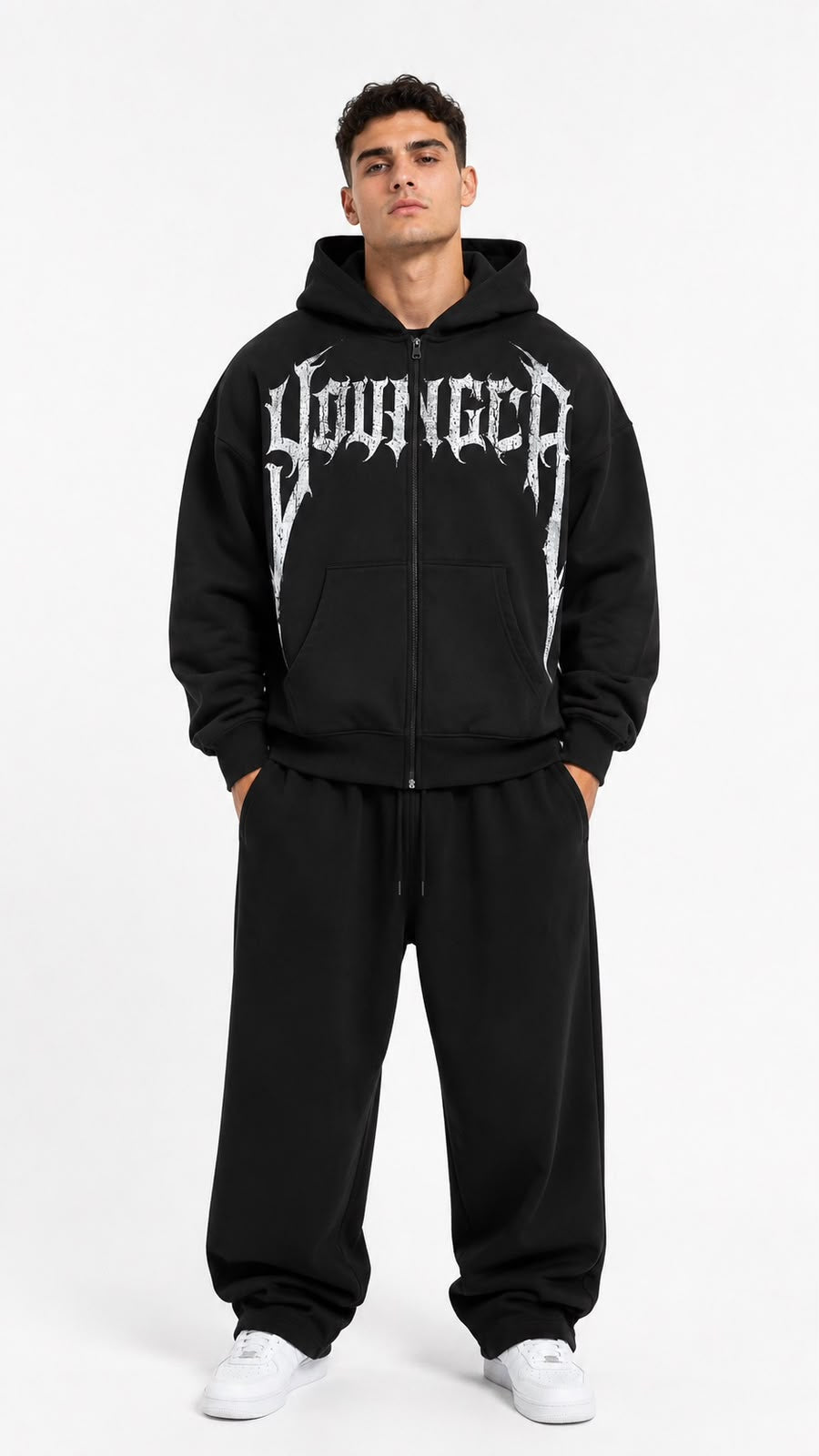 YoungLA Gothic Script Zip Hoodie Black - imagen de catálogo 4