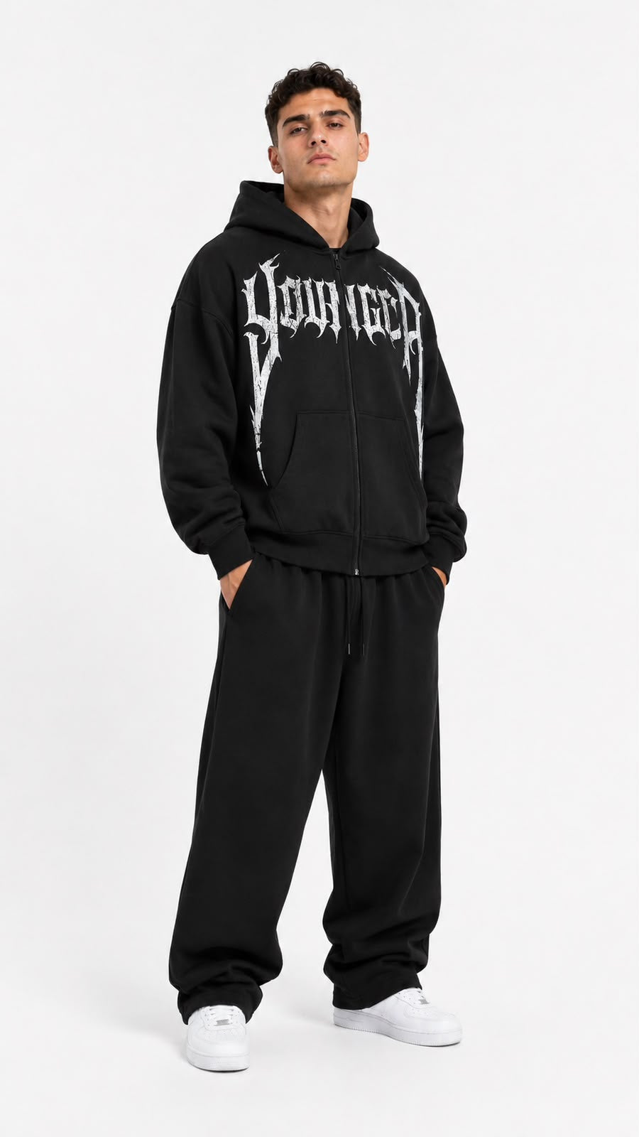 YoungLA Gothic Script Zip Hoodie Black - imagen de catálogo 2