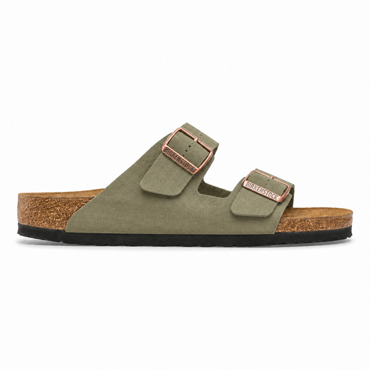 Birkenstock Arizona en ante verde oliva, vista lateral