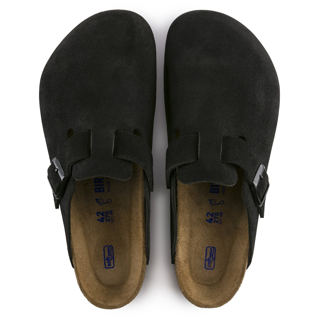 Birkenstock Boston Soft Footbed negro, vista superior oficial con plantilla y sello interior