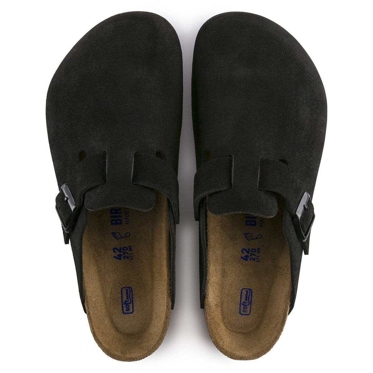 Birkenstock Boston Soft Footbed negro, vista superior oficial con plantilla y sello interior