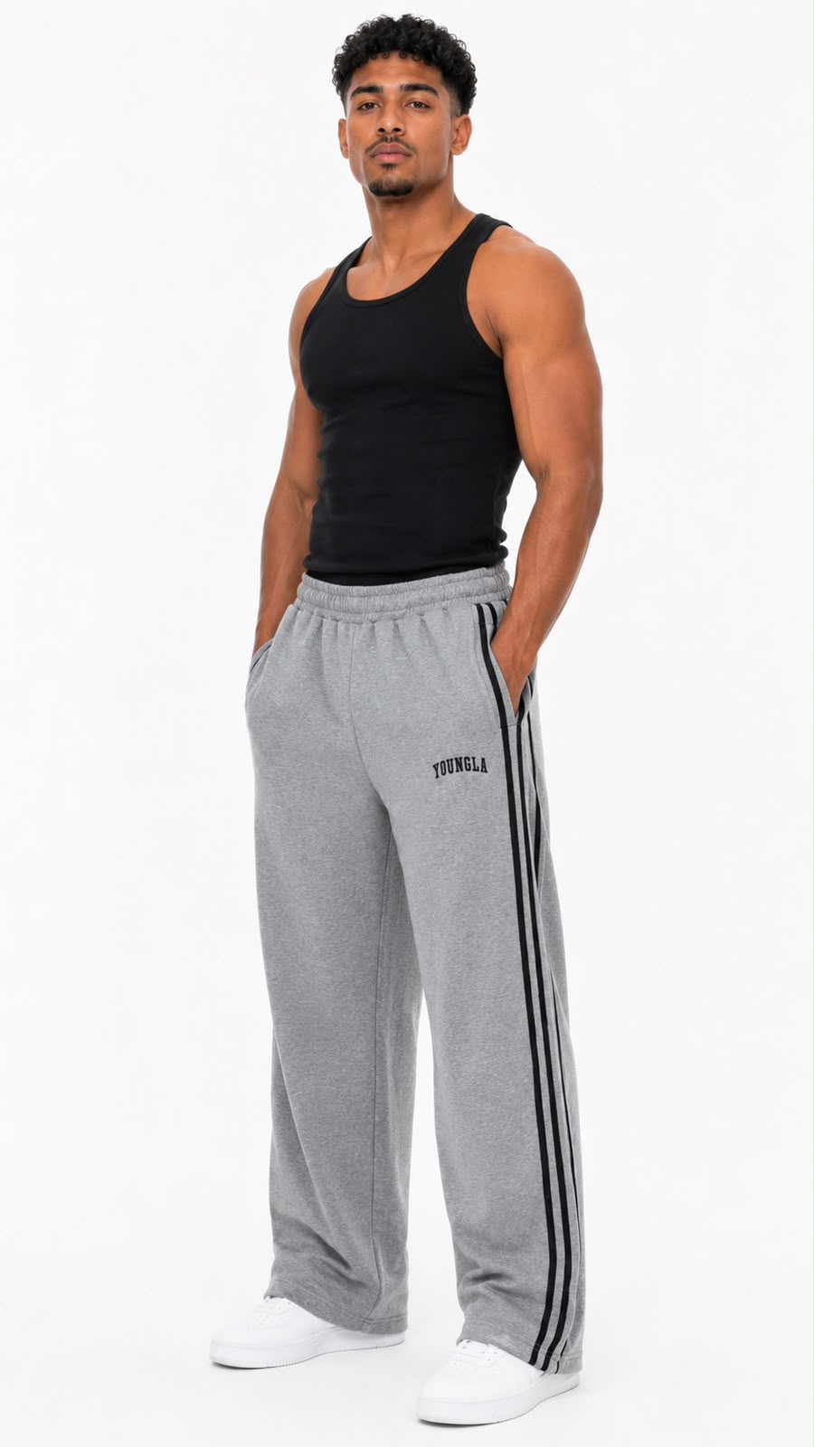 YoungLA 249 Flagship Track Pants Grey - modelo en ángulo